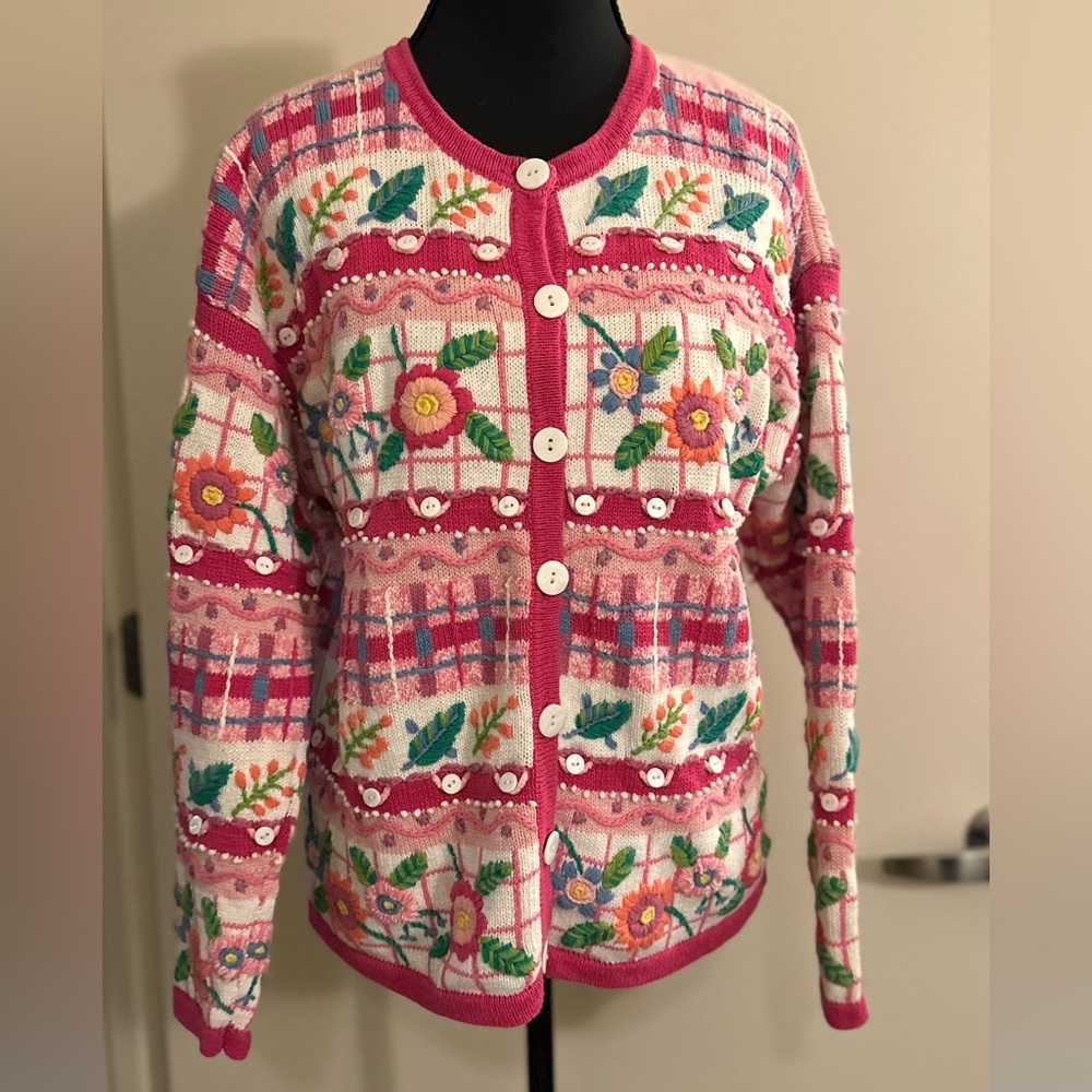 Talbots Knit/Embroidered Grandma Cardigan in Pink. Size S